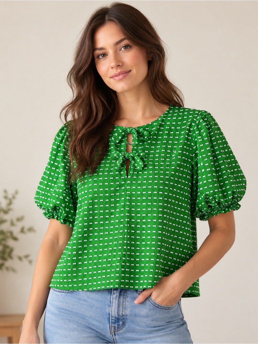kate spade Green Short Sleeve Tie-Neck Blouse with White Micro-Dots